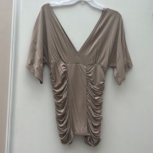 Boston Proper Tan Ruched Short Oversized Sleeves V neck Top Jersey-like Blouse